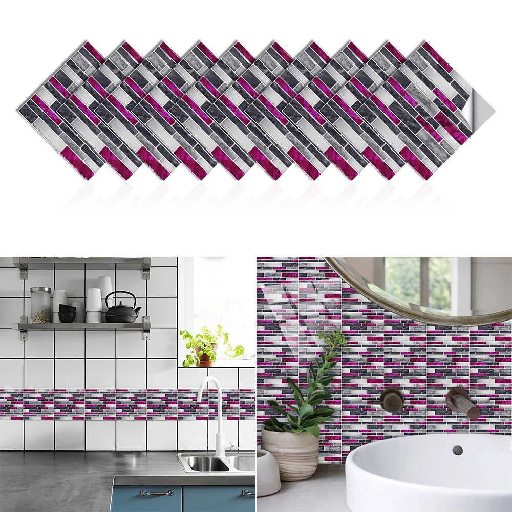 10pcs Flat Marble Mosaic Embossing Tiles Sticker Kitchen Bathroom Wall Decals Peel & Stick Waterproof Tile Art Wallpaper