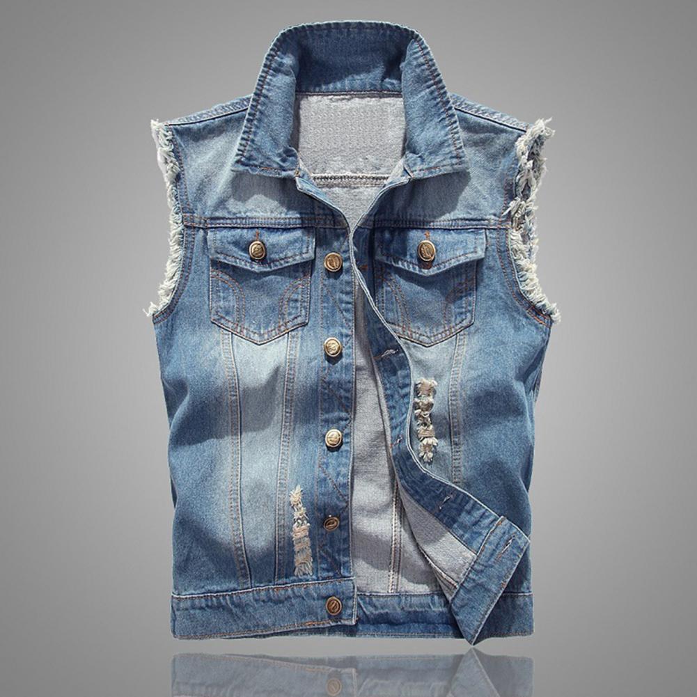 Denim Sleeveless Jacket Men Fashion New Ripped Cotton Jean Vests Gilet Casual Jeans Waistcoat Cowboy Hip Hop Streetwear Clothing