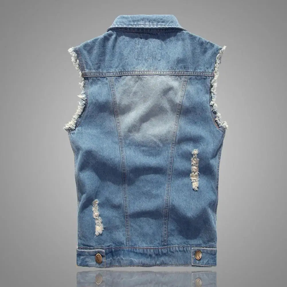 Denim Sleeveless Jacket Men Fashion New Ripped Cotton Jean Vests Gilet Casual Jeans Waistcoat Cowboy Hip Hop Streetwear Clothing