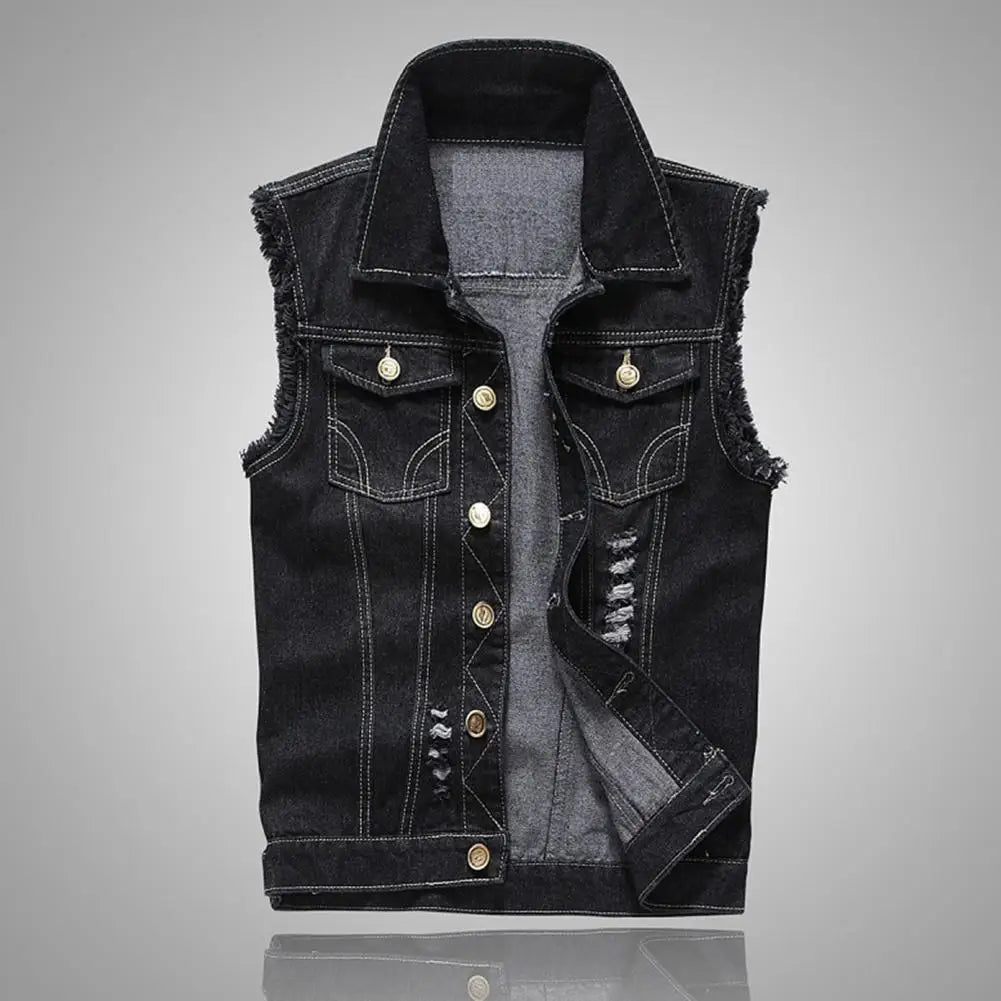 Denim Sleeveless Jacket Men Fashion New Ripped Cotton Jean Vests Gilet Casual Jeans Waistcoat Cowboy Hip Hop Streetwear Clothing