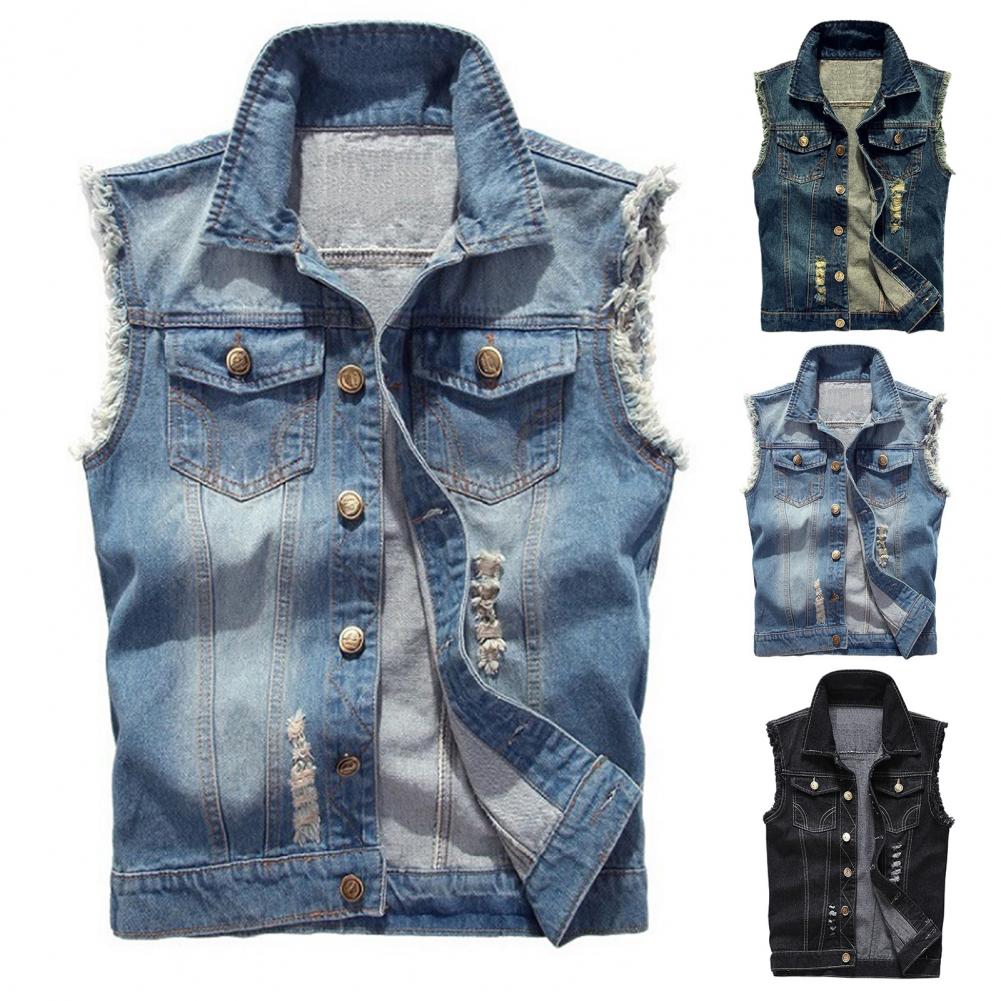 Denim Sleeveless Jacket Men Fashion New Ripped Cotton Jean Vests Gilet Casual Jeans Waistcoat Cowboy Hip Hop Streetwear Clothing