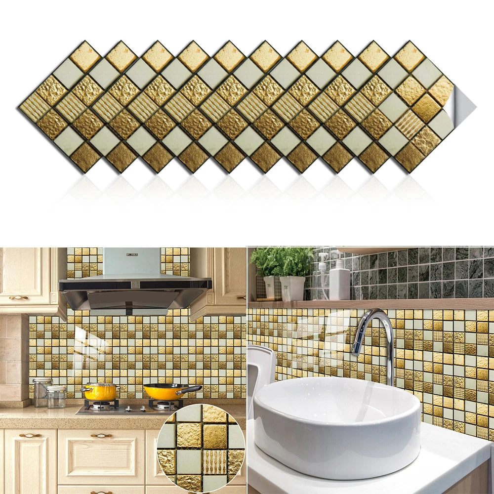 10pcs Flat Marble Mosaic Embossing Tiles Sticker Kitchen Bathroom Wall Decals Peel & Stick Waterproof Tile Art Wallpaper