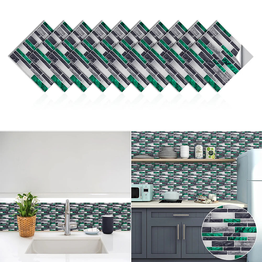 10pcs Flat Marble Mosaic Embossing Tiles Sticker Kitchen Bathroom Wall Decals Peel & Stick Waterproof Tile Art Wallpaper