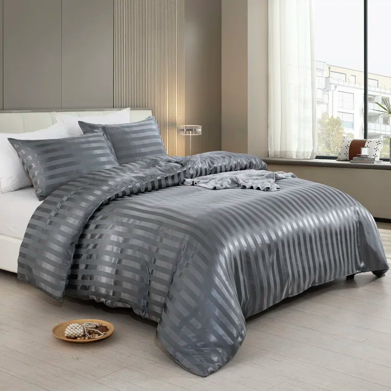 3 Pieces Satin Striped Duvet Cover Set, Luxury Silky Like Black Stripe Duvet Cover Bedding Set with Zipper Closure,Pillow Cases