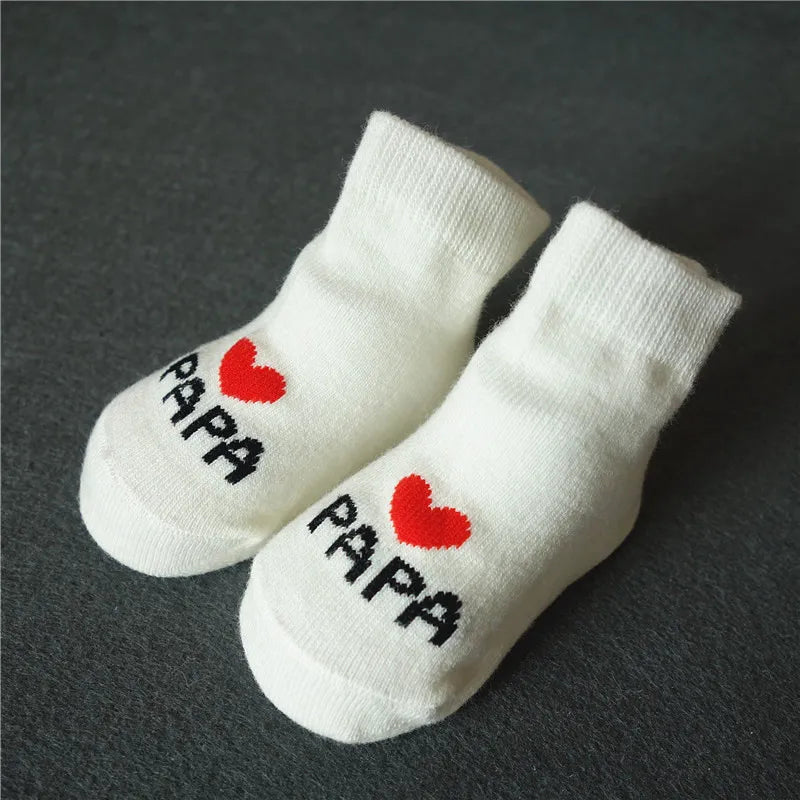 2Pairs Newborn Baby Girls Boys Socks White Cute Love MAMA PAPA  Bebe Cotton Socks Gift Toddler Crew Socks Pack Design