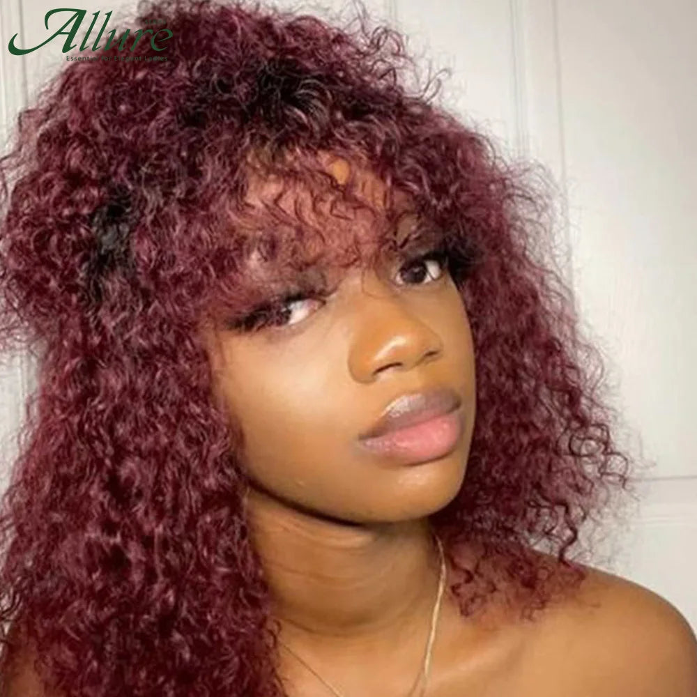 Natural Jerry Curly Wig With Bangs Human Hair Wigs Black Women Short Colored Burgundy Brown Glueless Brazilian Remy Hair Allure