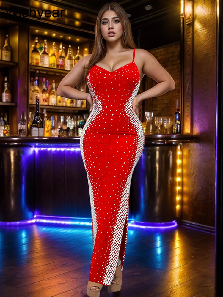 Wishyear Women Sexy Crystal Rhinestones Wedding Guest Party Evening Dresses Elegant Strap High Split Nightclub Birthday Clothing