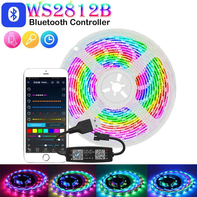 WS2812B USB LED Strip RGBIC  Bluetooth App Control Chasing Effect Lights Flexible Tape Diode Ribbon TV Desktop Backlight 1m-30m