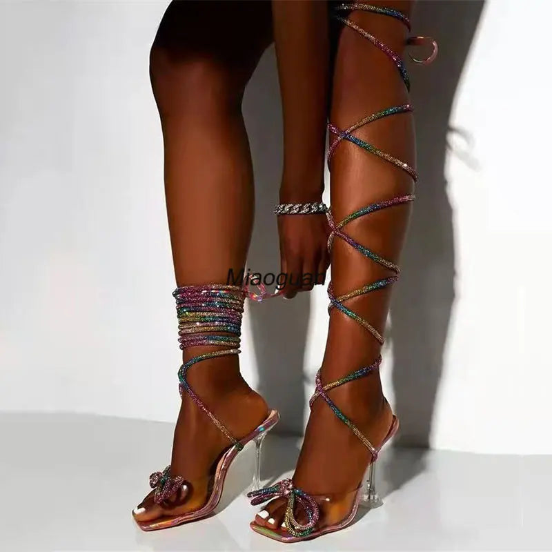 Fashion Womens Crystal Bow Strappy Thigh High Boots Sexy Ladies Summer Over The Knee Sandals High Heels Party Strip Shoes Woman