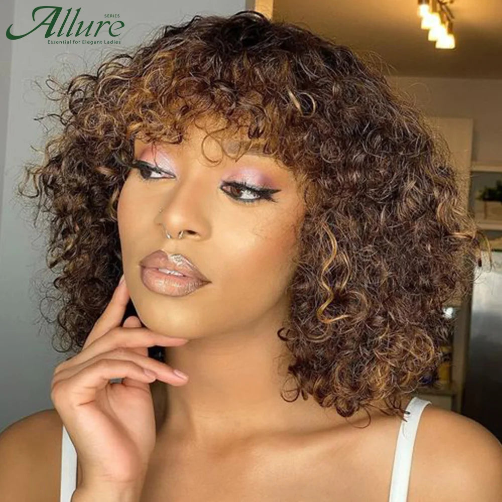 Natural Jerry Curly Wig With Bangs Human Hair Wigs Black Women Short Colored Burgundy Brown Glueless Brazilian Remy Hair Allure