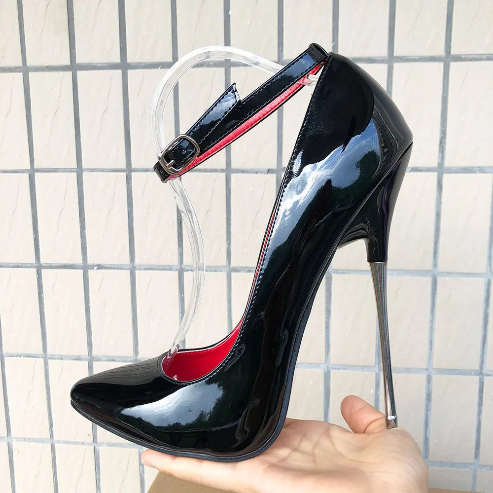 16cm Extreme High Heels Women Black Pointy Toe Stiletto Pumps Sexy Night Club Ankle Strap Fetish Model Dance Man Crossdresser