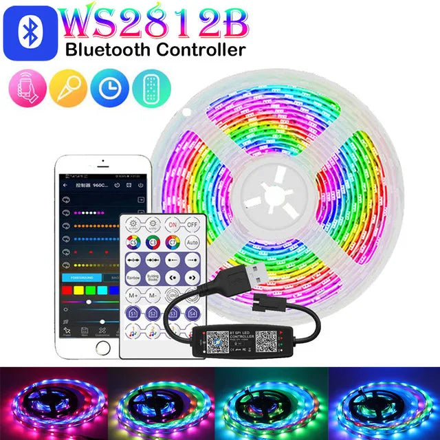 WS2812B USB LED Strip RGBIC  Bluetooth App Control Chasing Effect Lights Flexible Tape Diode Ribbon TV Desktop Backlight 1m-30m