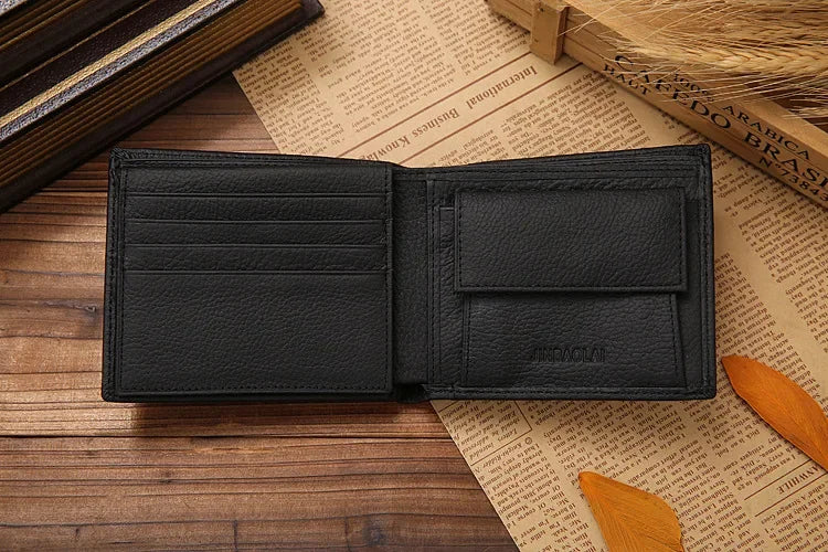 Genuine Leather Mens Wallet Premium Product Real Cowhide Wallets For Man Short Black Walet Portefeuille Homme Short Purses