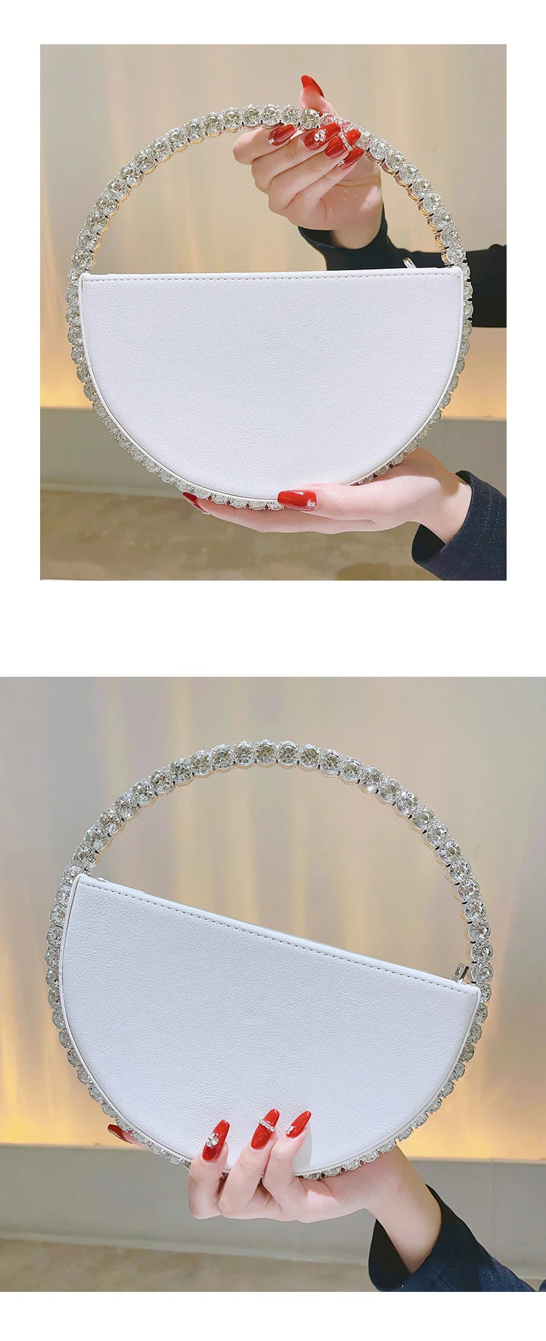 Rhinestone Round Ring Evening Bag Trendy Faux Leather Clutch Purse Women's Elegant Handbags For Party Prom Wedding