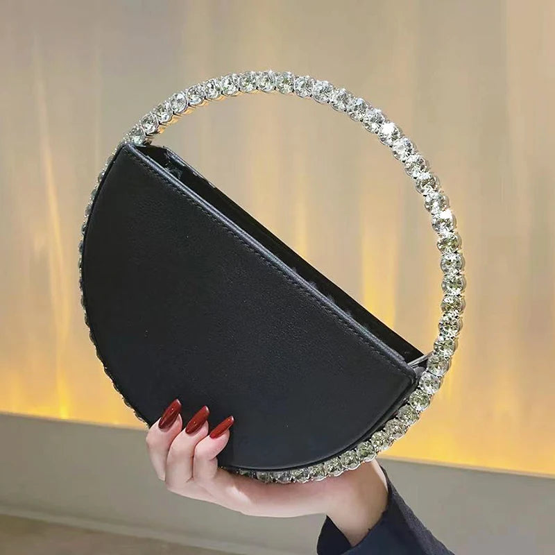 Rhinestone Round Ring Evening Bag Trendy Faux Leather Clutch Purse Women's Elegant Handbags For Party Prom Wedding