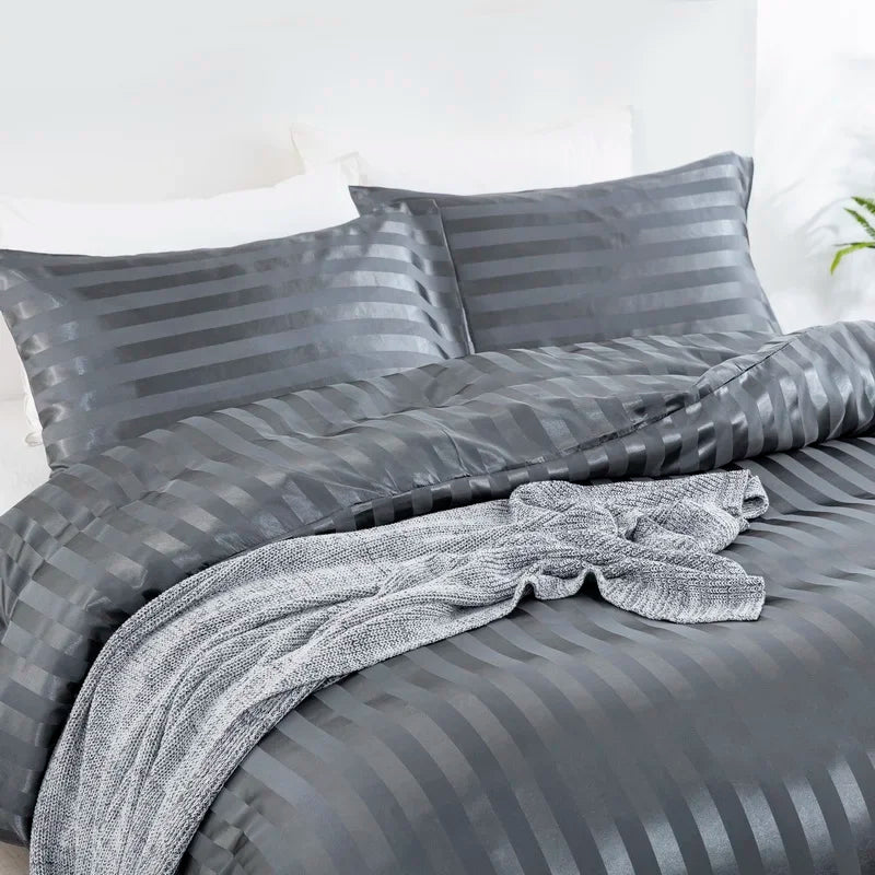 3 Pieces Satin Striped Duvet Cover Set, Luxury Silky Like Black Stripe Duvet Cover Bedding Set with Zipper Closure,Pillow Cases