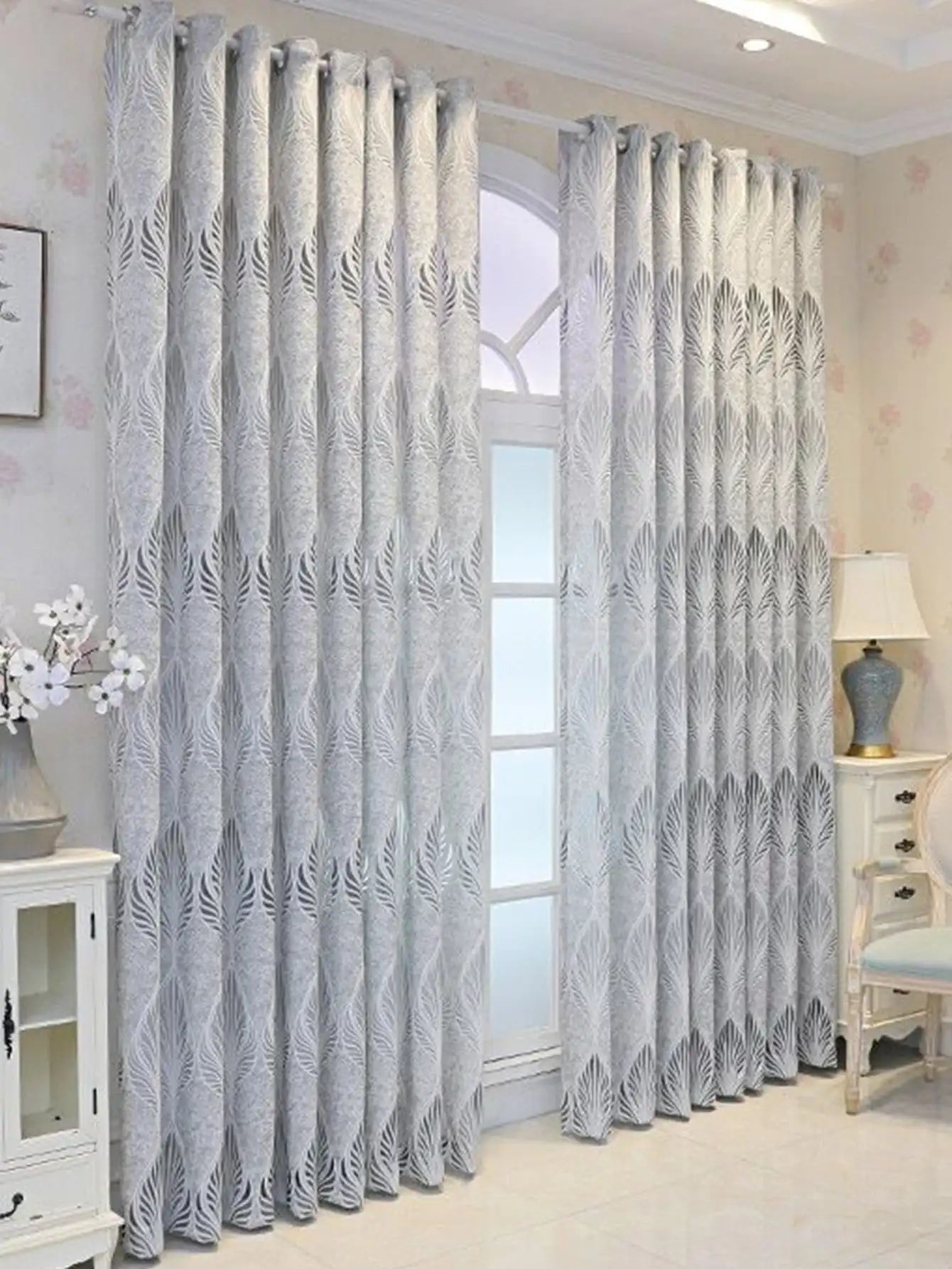 Gray Feather Leaves, Perforated Jacquard Gauze, Living Room, Bedroom, Blackout Curtains, 1 Piece