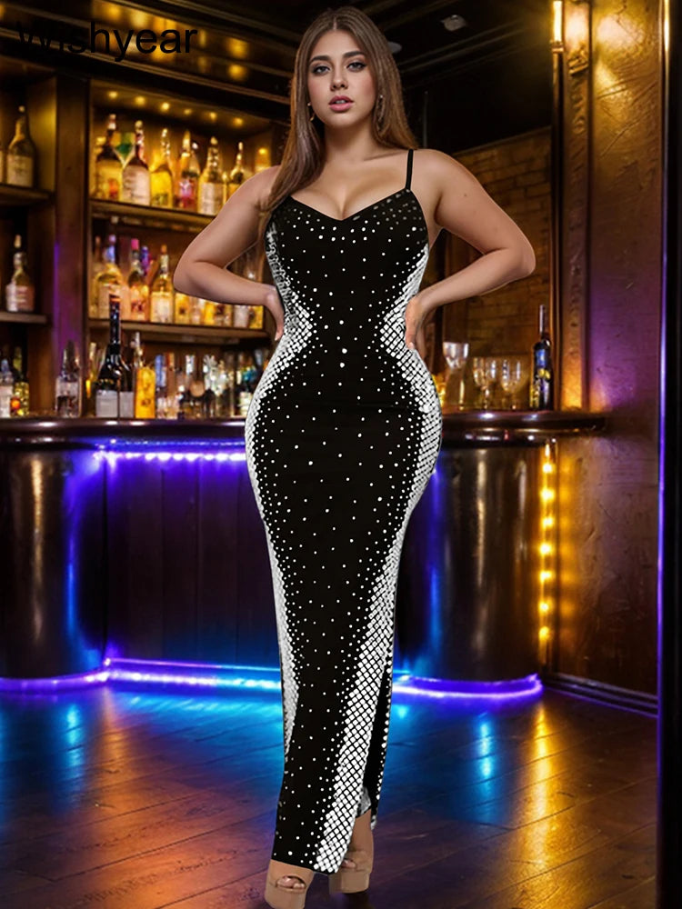 Wishyear Women Sexy Crystal Rhinestones Wedding Guest Party Evening Dresses Elegant Strap High Split Nightclub Birthday Clothing