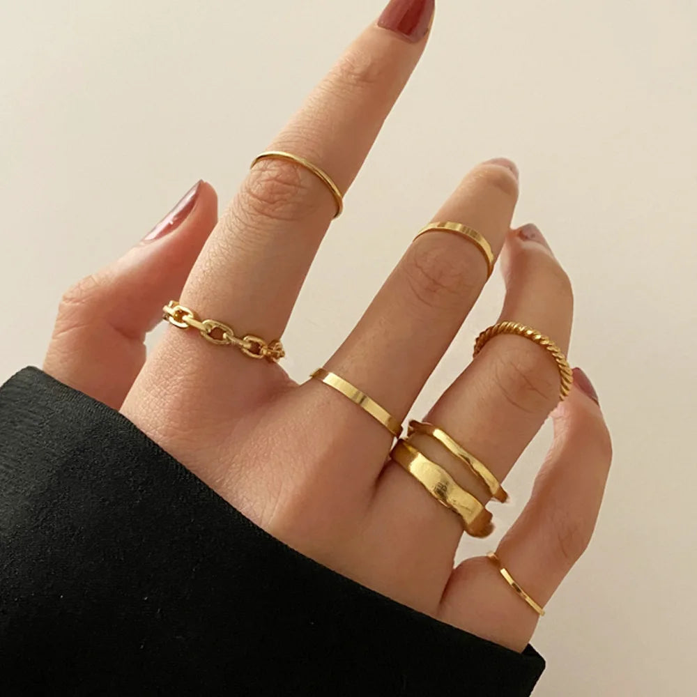 New Trendy Gold Color Rings Set For Women Simple Irregular Geometric Oval Hollow Out Opening Ring Girl Party Jewelry Gift Bague