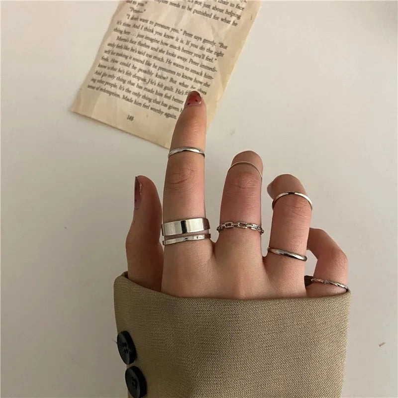 New Trendy Gold Color Rings Set For Women Simple Irregular Geometric Oval Hollow Out Opening Ring Girl Party Jewelry Gift Bague