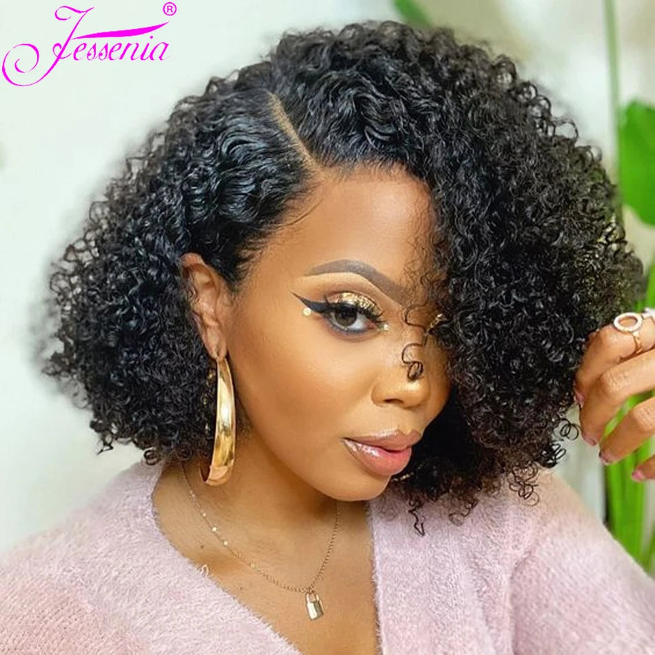 Kinky Curly Bob Cheap Wig Lace Frontal Human Hair Wigs 100% Brazilian Glueless Short Water Curly ForWomen 180Density Wear And Go