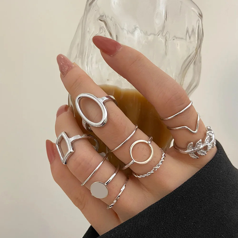 New Trendy Gold Color Rings Set For Women Simple Irregular Geometric Oval Hollow Out Opening Ring Girl Party Jewelry Gift Bague