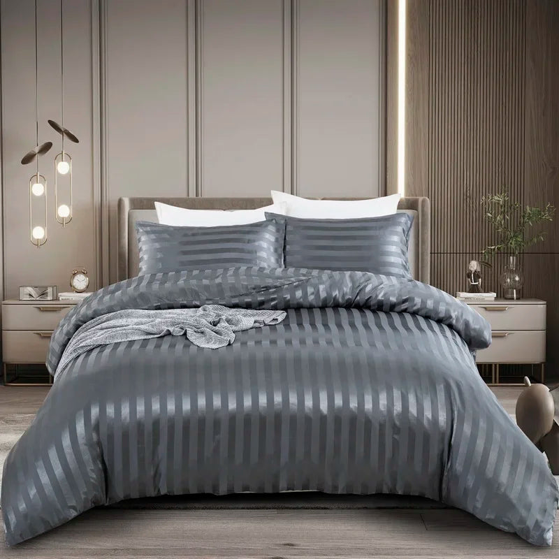 3 Pieces Satin Striped Duvet Cover Set, Luxury Silky Like Black Stripe Duvet Cover Bedding Set with Zipper Closure,Pillow Cases