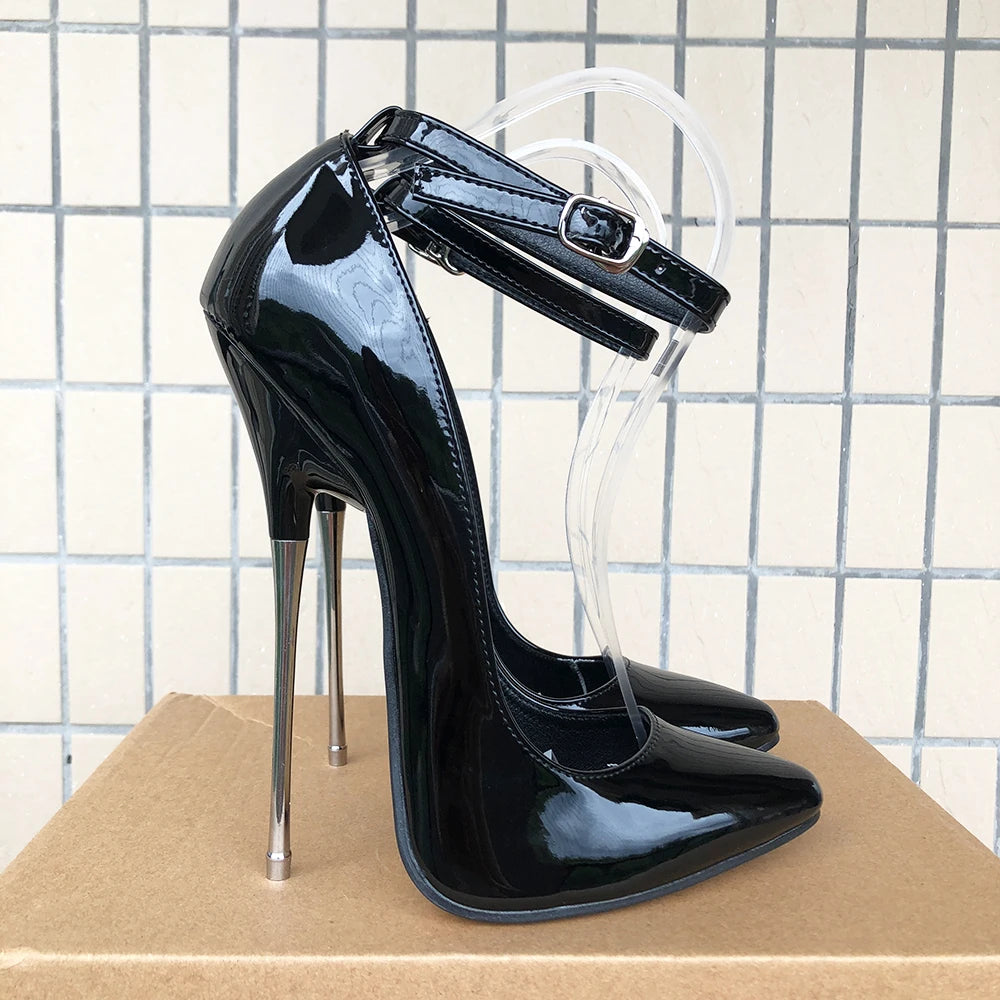 16cm Extreme High Heels Women Black Pointy Toe Stiletto Pumps Sexy Night Club Ankle Strap Fetish Model Dance Man Crossdresser