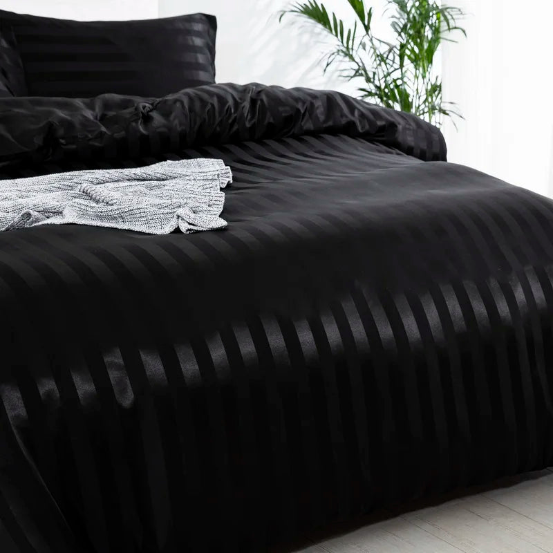 3 Pieces Satin Striped Duvet Cover Set, Luxury Silky Like Black Stripe Duvet Cover Bedding Set with Zipper Closure,Pillow Cases