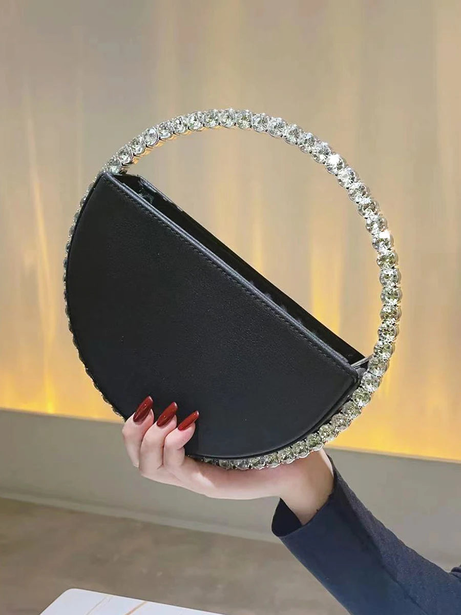 Rhinestone Round Ring Evening Bag Trendy Faux Leather Clutch Purse Women's Elegant Handbags For Party Prom Wedding