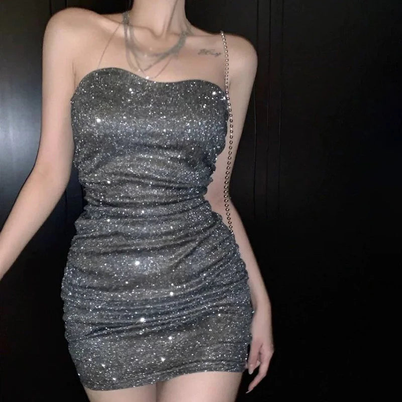 Women's Sequins Bandeau Dress Sexy Pleated Backless with Bra Pads Party Dress Nightclub Bodycon Dress