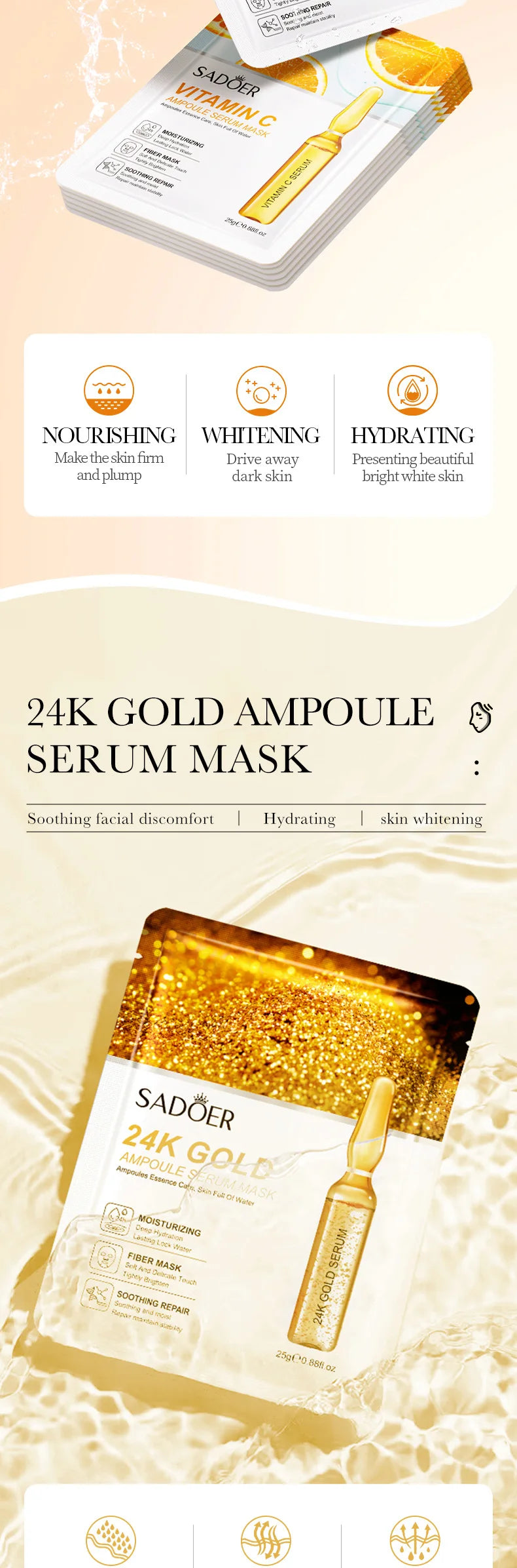 10pcs 24k Gold Essence Mask Moisturizing Brightening Delicate Face Skin Care Facial Mask Wholesale