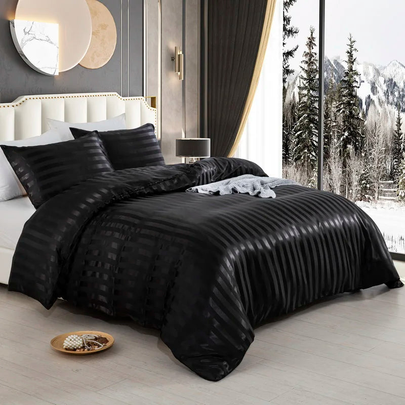 3 Pieces Satin Striped Duvet Cover Set, Luxury Silky Like Black Stripe Duvet Cover Bedding Set with Zipper Closure,Pillow Cases