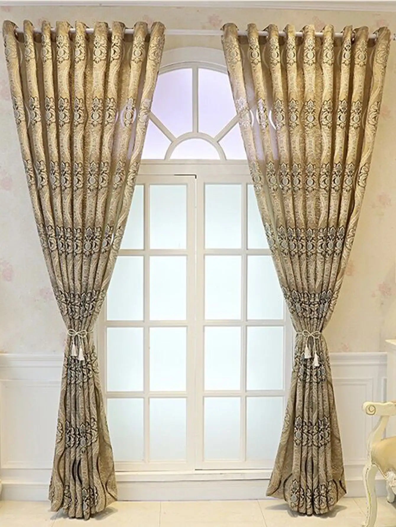 European Curry Eight Wave Perforated Curtains Living Room Bedroom Blackout Decorative Curtains, Party Decoration