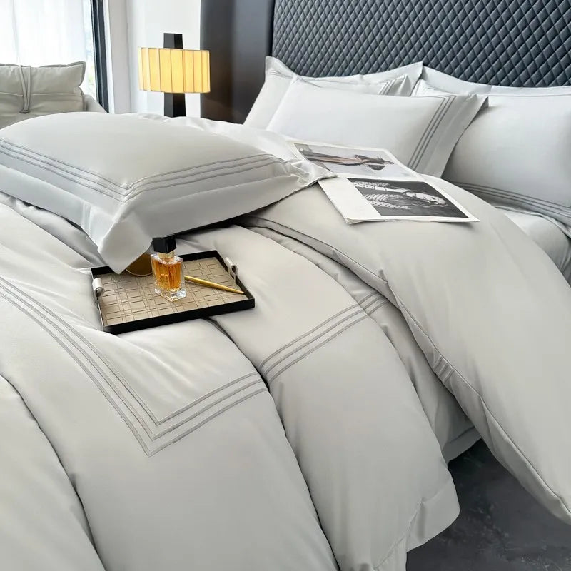 3Pcs 3 Line Embroidery White Black Duvet Cover and Pillow Shams with Zipper Closure Lightwhite Microfiber Ultra Soft Bedding set