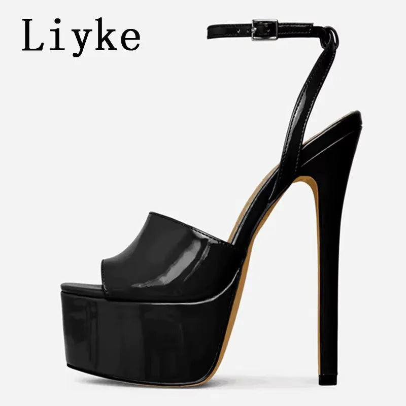 Liyke Summer 16 CM Super High Heels Platform Sandals Women Fashion Open Toe Chain Ankle Strap Ladies Party Stripper Shoes Black