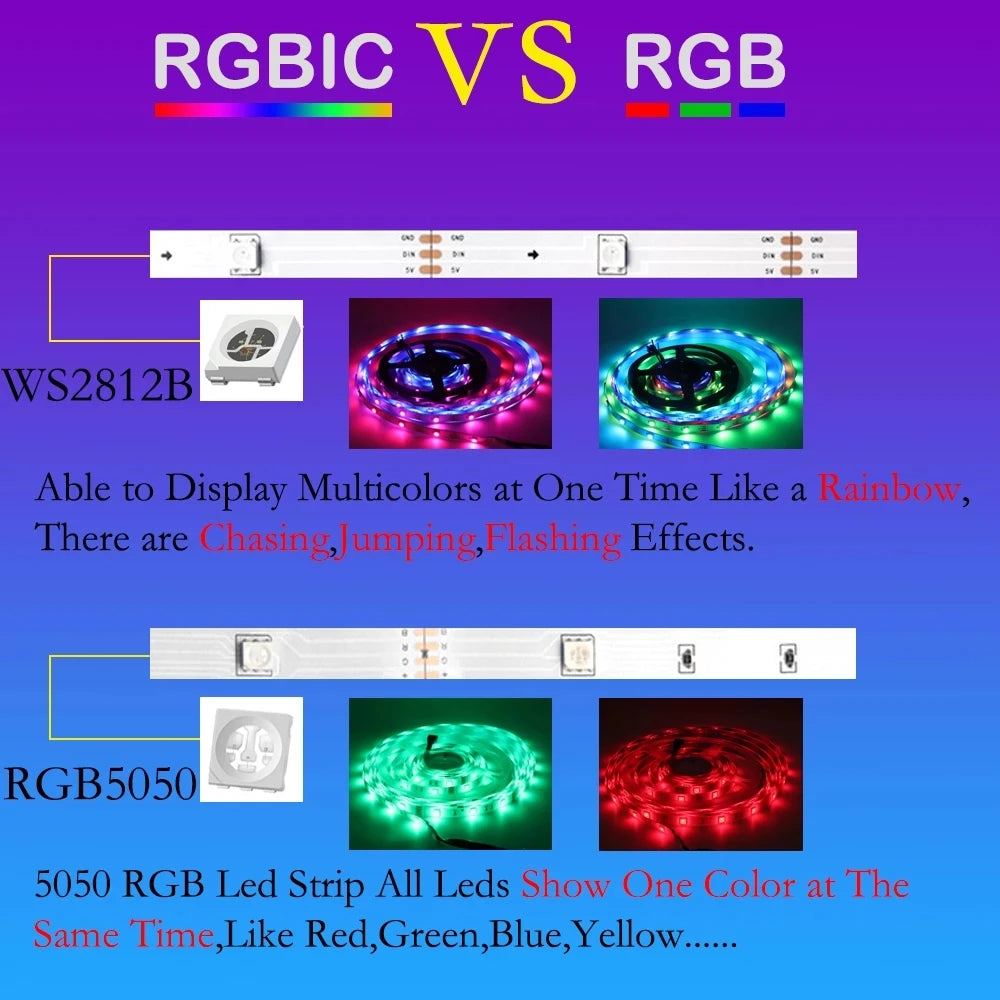 WS2812B USB LED Strip RGBIC  Bluetooth App Control Chasing Effect Lights Flexible Tape Diode Ribbon TV Desktop Backlight 1m-30m