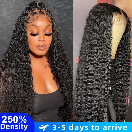 250 Density 13X6 HD Transparent Deep Water Wave Curly Human Hair Lace Frontal Wig 30 34 Inch 13X4 Lace Front Human Hair Wigs