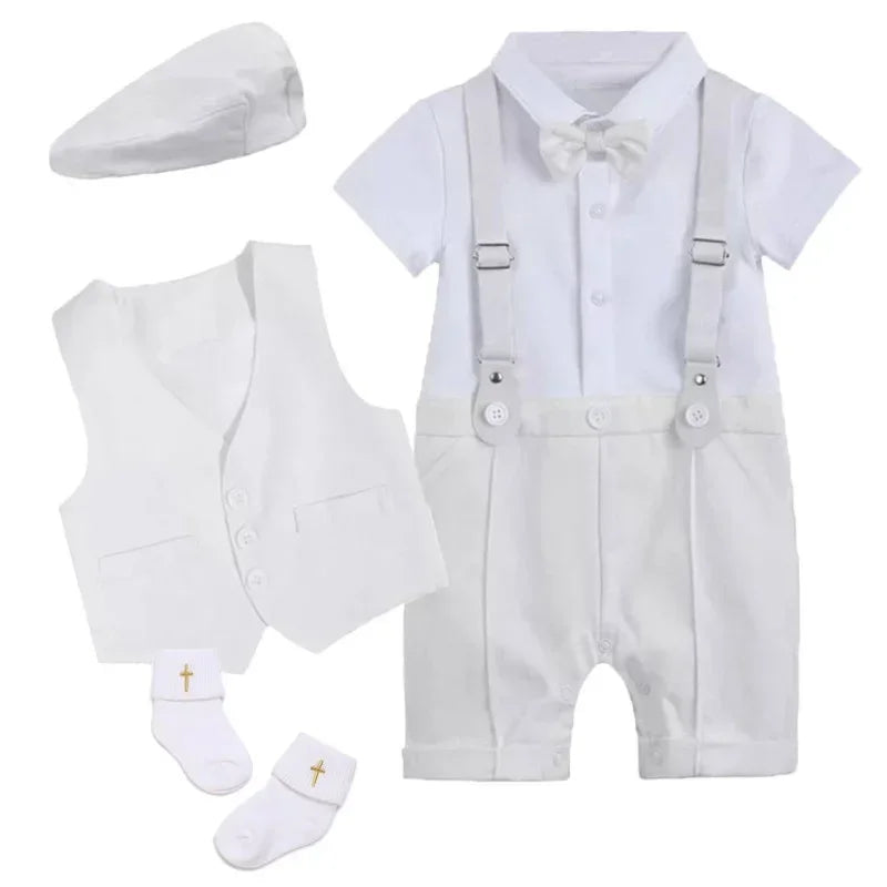 Baby Boys Baptism Outfit Newborn Christening White Romper 100% Cotton Short Sleeve Clothes for 3-18 Months Summer Clothing