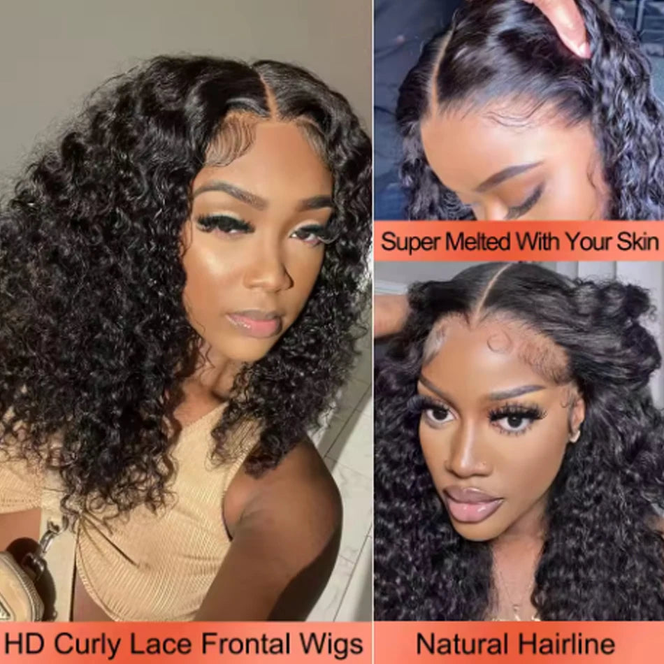 Kinky Curly Bob Cheap Wig Lace Frontal Human Hair Wigs 100% Brazilian Glueless Short Water Curly ForWomen 180Density Wear And Go