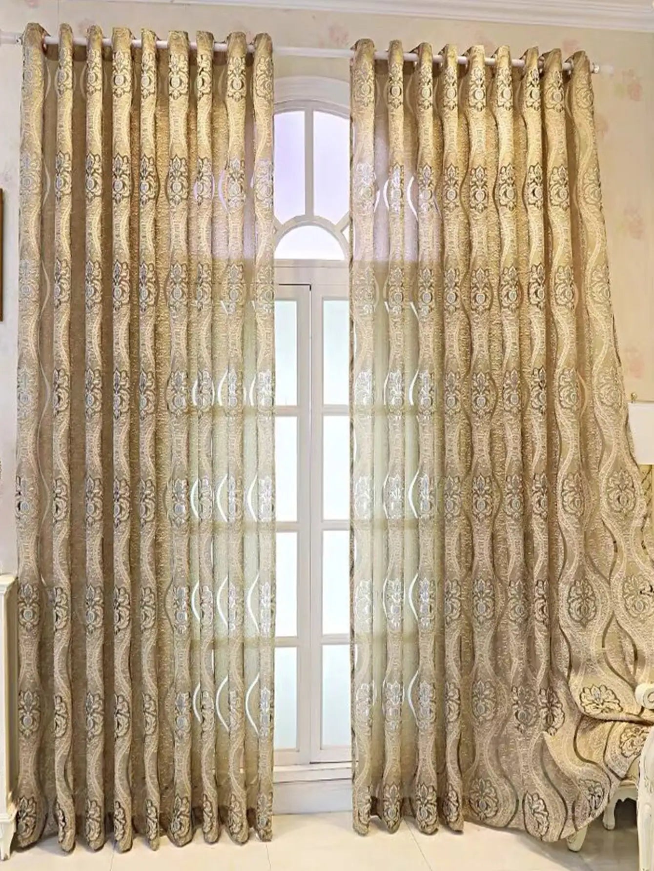 European Curry Eight Wave Perforated Curtains Living Room Bedroom Blackout Decorative Curtains, Party Decoration