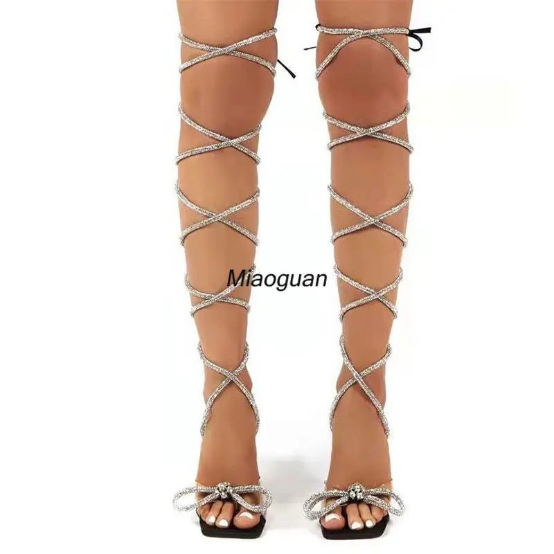 Fashion Womens Crystal Bow Strappy Thigh High Boots Sexy Ladies Summer Over The Knee Sandals High Heels Party Strip Shoes Woman