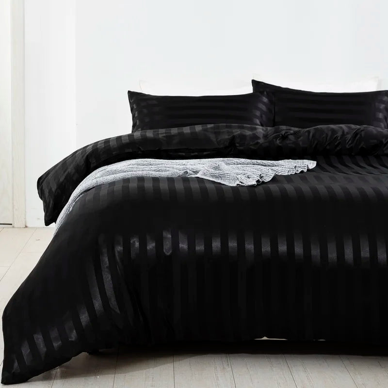 3 Pieces Satin Striped Duvet Cover Set, Luxury Silky Like Black Stripe Duvet Cover Bedding Set with Zipper Closure,Pillow Cases