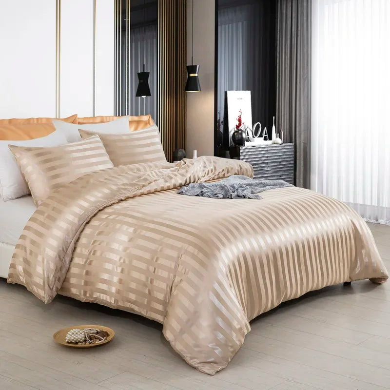 3 Pieces Satin Striped Duvet Cover Set, Luxury Silky Like Black Stripe Duvet Cover Bedding Set with Zipper Closure,Pillow Cases