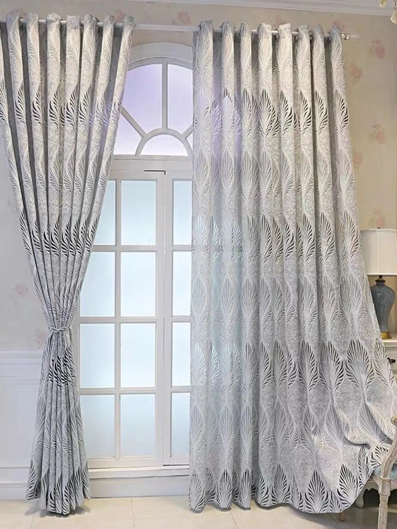 Gray Feather Leaves, Perforated Jacquard Gauze, Living Room, Bedroom, Blackout Curtains, 1 Piece