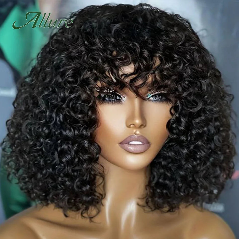 Natural Jerry Curly Wig With Bangs Human Hair Wigs Black Women Short Colored Burgundy Brown Glueless Brazilian Remy Hair Allure