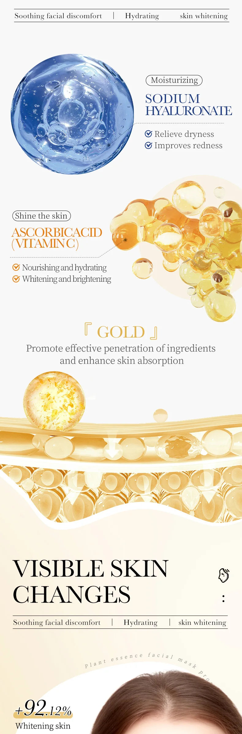 10pcs 24k Gold Essence Mask Moisturizing Brightening Delicate Face Skin Care Facial Mask Wholesale