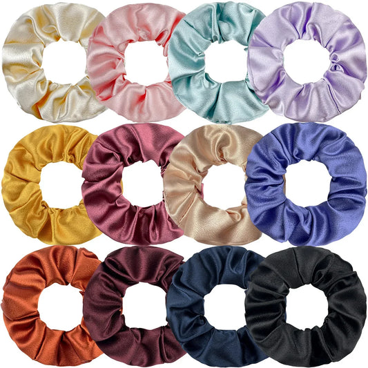 12pcs Women Colorful Elastic Hair Bands Black Pink Blue Burgundy Yellow Purple Satin Scrunchies Girls Headwear Hair Ties Rope