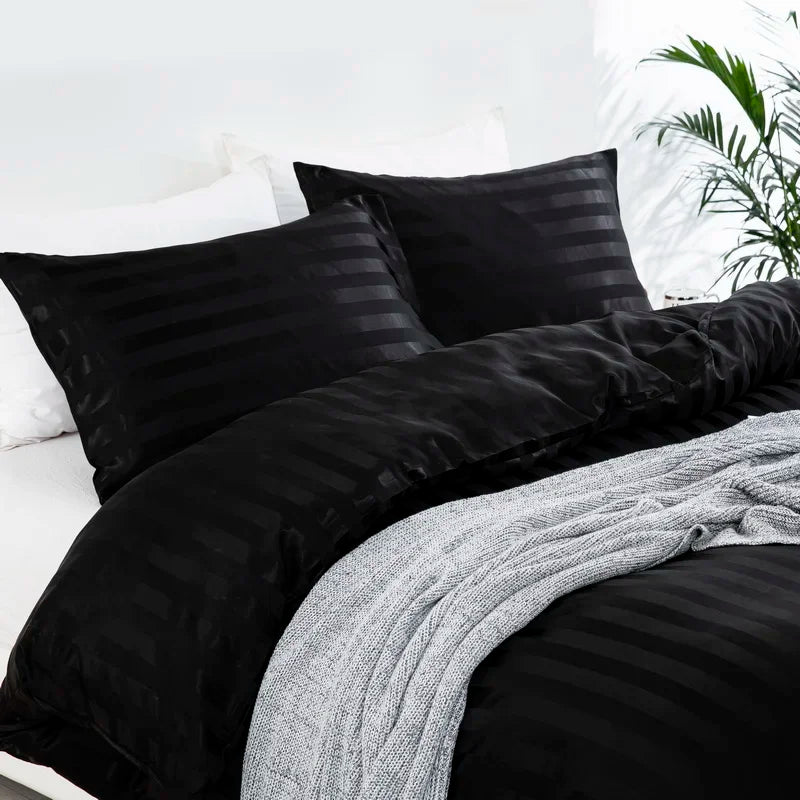 3 Pieces Satin Striped Duvet Cover Set, Luxury Silky Like Black Stripe Duvet Cover Bedding Set with Zipper Closure,Pillow Cases