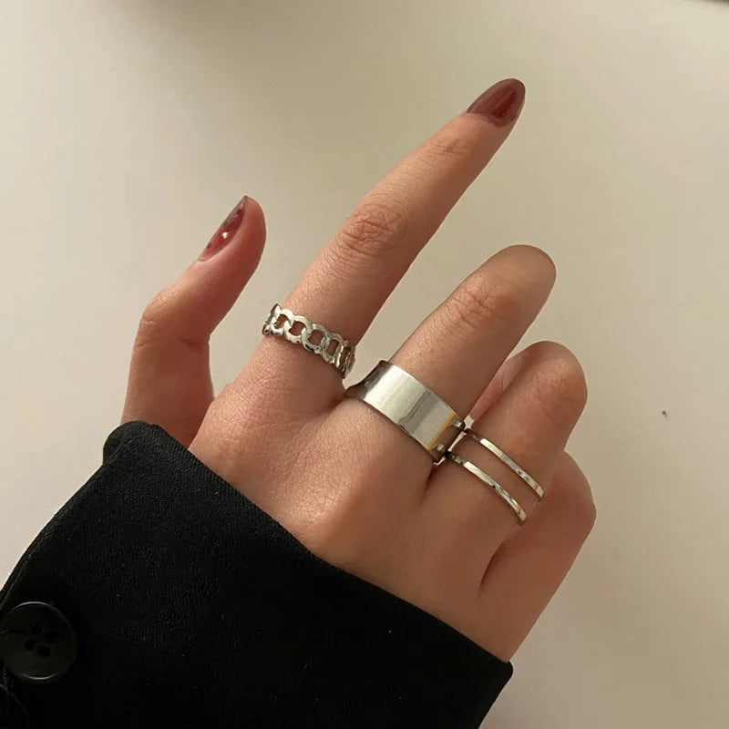 New Trendy Gold Color Rings Set For Women Simple Irregular Geometric Oval Hollow Out Opening Ring Girl Party Jewelry Gift Bague